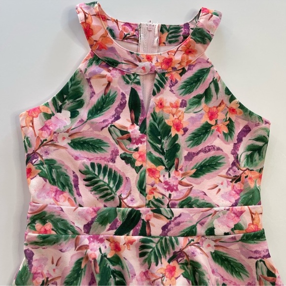 Love, Nickie Lew Pink & Green Tropical Halter Fit & Flare Dress Girls Size 8 - Picture 3 of 8